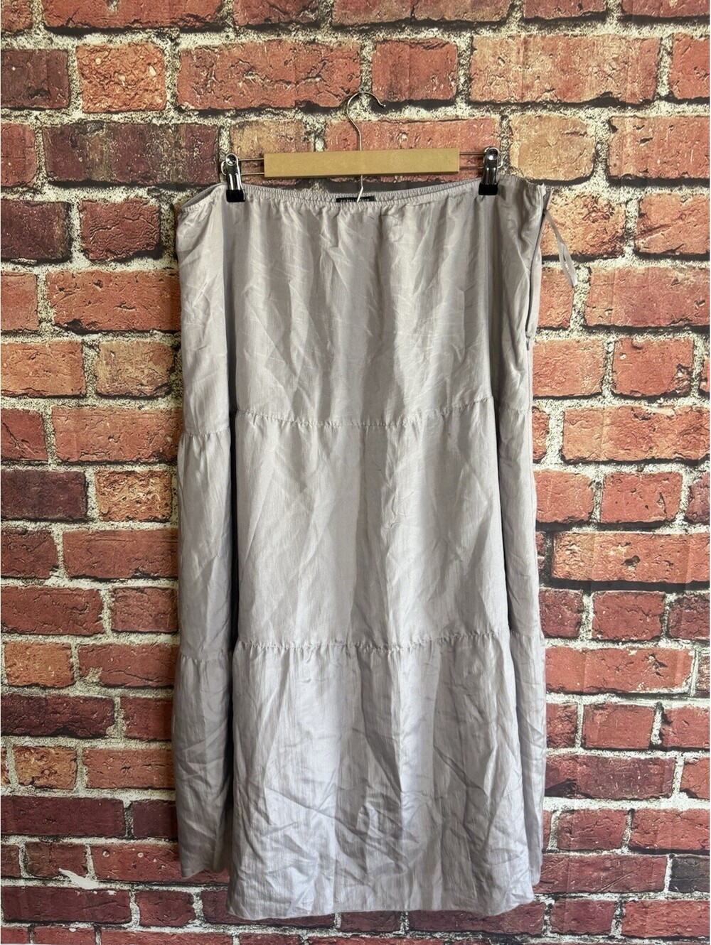 EILEEN FISHER Silk Maxi Skirt L Steel Grey Tiered Crinkle Silk Lagenlook Long
